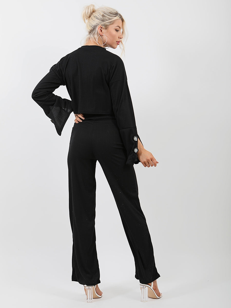 Button Detail Sleeve Ribbed Top & Trouser Co-ord