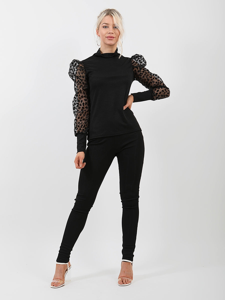 Leopard Print Organza Sleeve Ribbed Co-ord