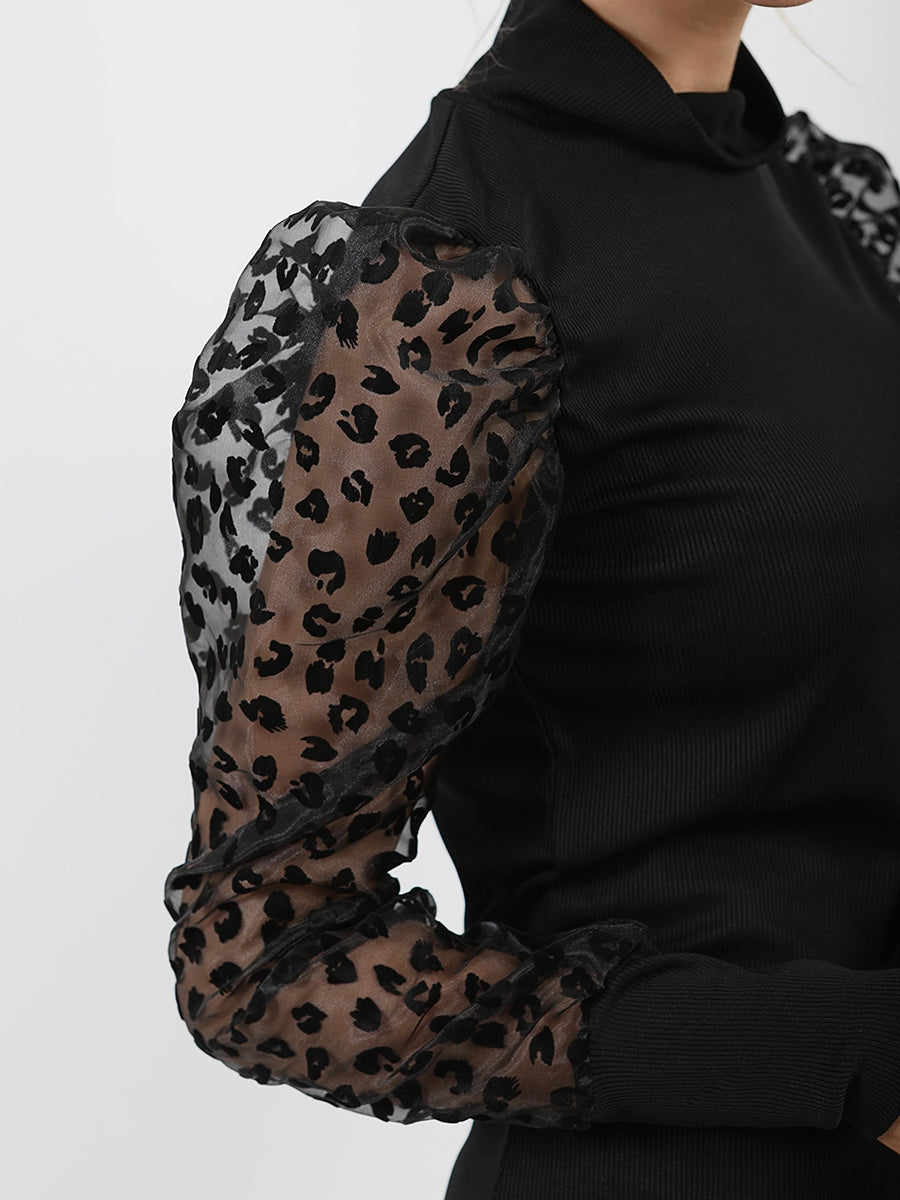 Leopard Print Organza Sleeve Ribbed Co-ord
