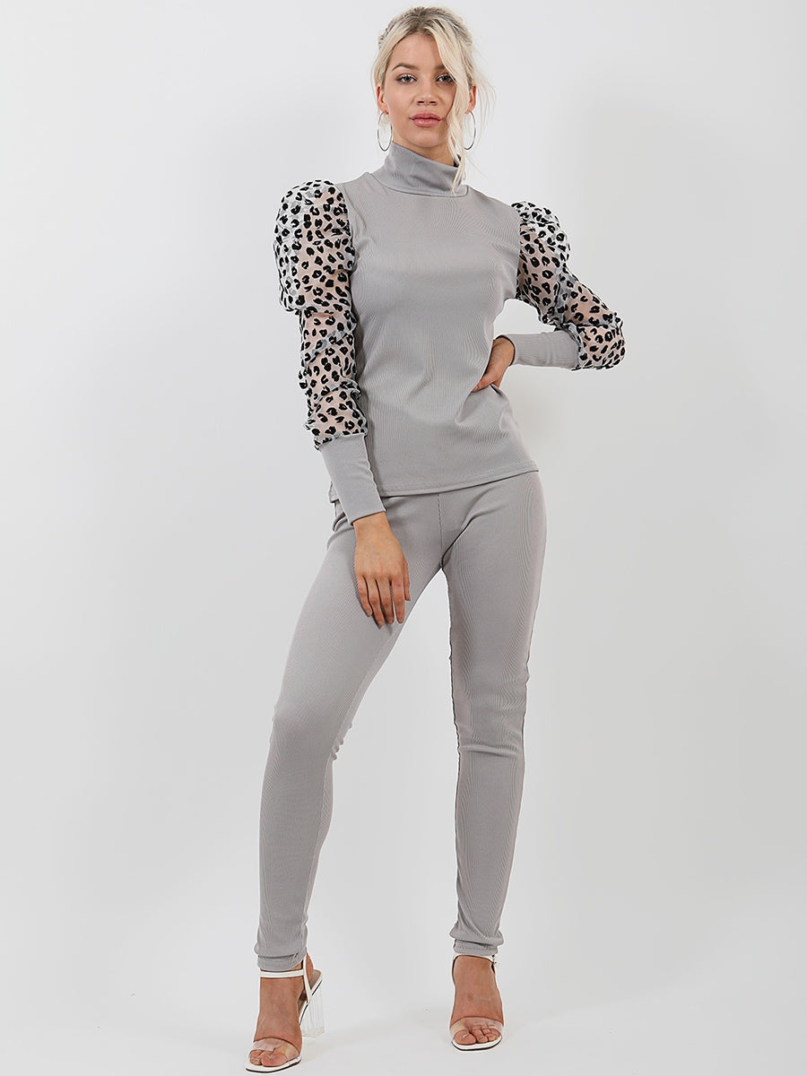 Leopard Print Organza Sleeve Ribbed Co-ord