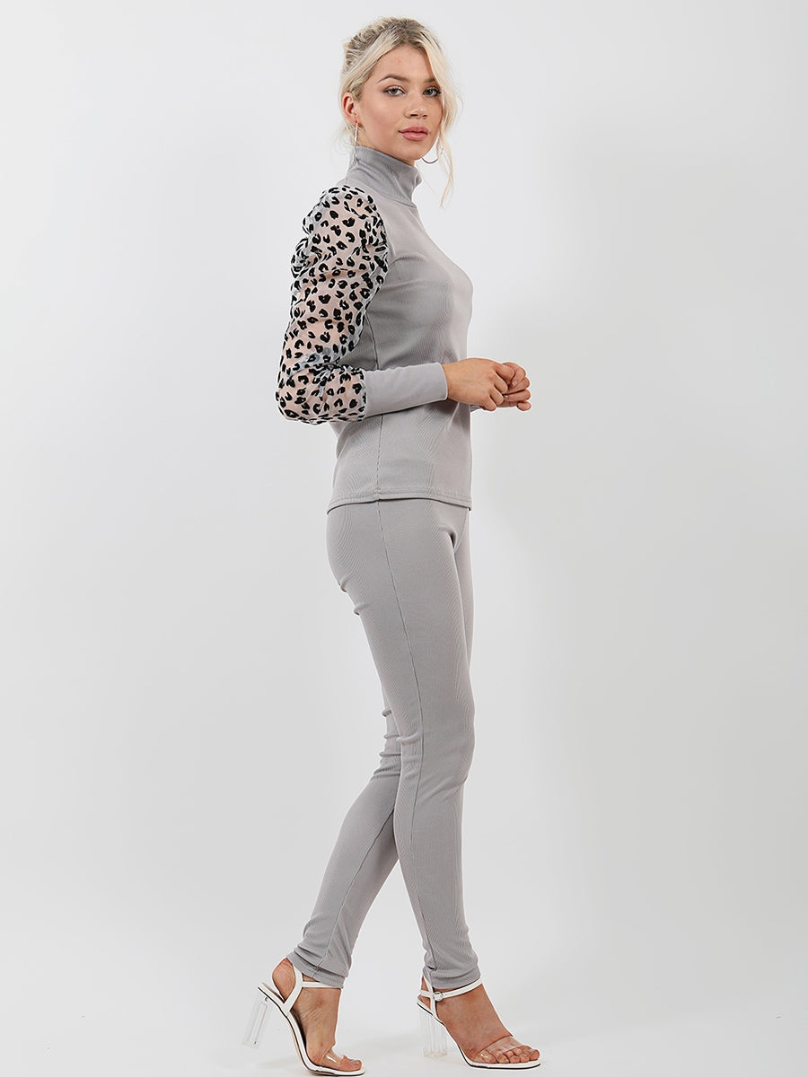Leopard Print Organza Sleeve Ribbed Co-ord