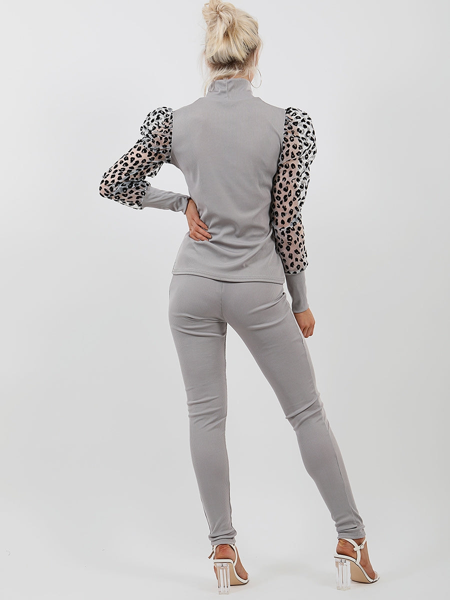 Leopard Print Organza Sleeve Ribbed Co-ord