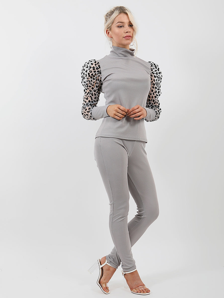 Leopard Print Organza Sleeve Ribbed Co-ord
