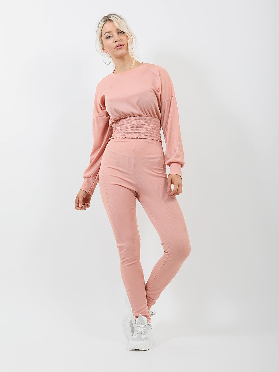 Shirred Hem Ribbed Top & Trouser Co-ord
