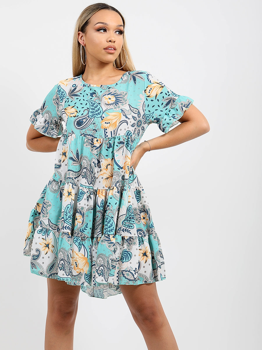 Paisley Print Frill Tiered Smock Dress