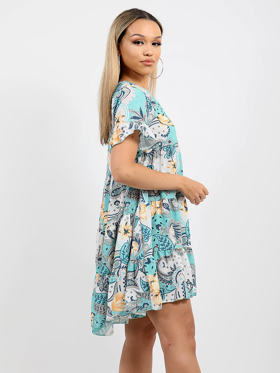 Paisley Print Frill Tiered Smock Dress