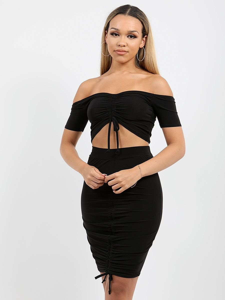 Slinky Ruched Bardot Crop Top & Skirt Co-ord