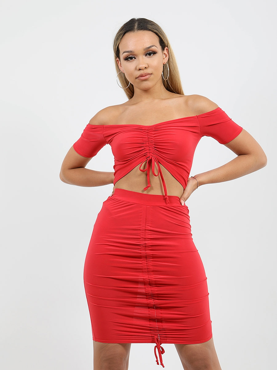 Slinky Ruched Bardot Crop Top & Skirt Co-ord