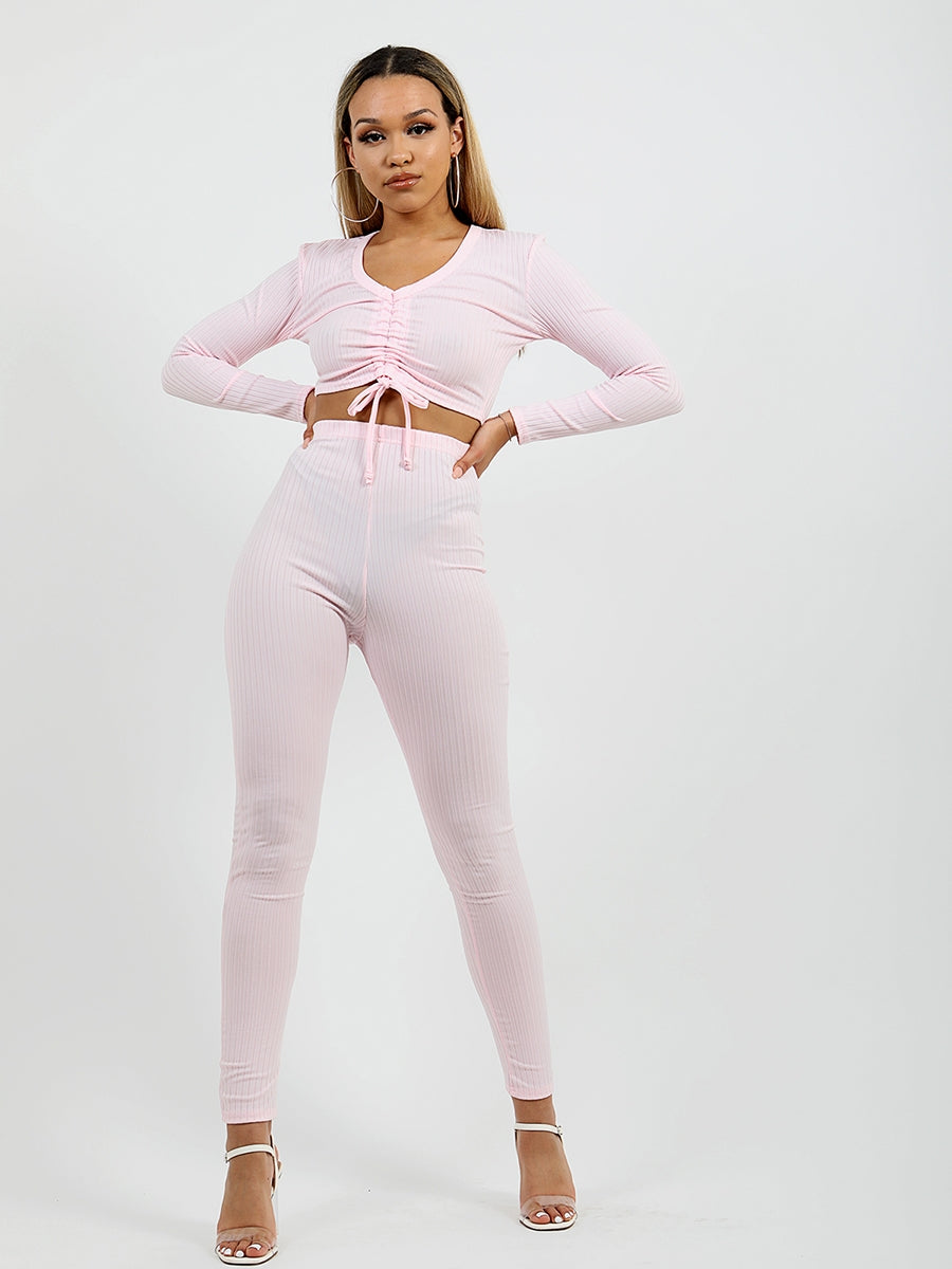 Ruched Crop Top & Legging Ribbed Co-ord