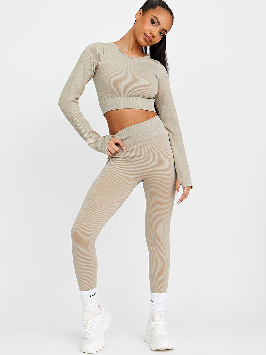 Long Sleeves Ribbed Crop Top & Leggings Co-ord