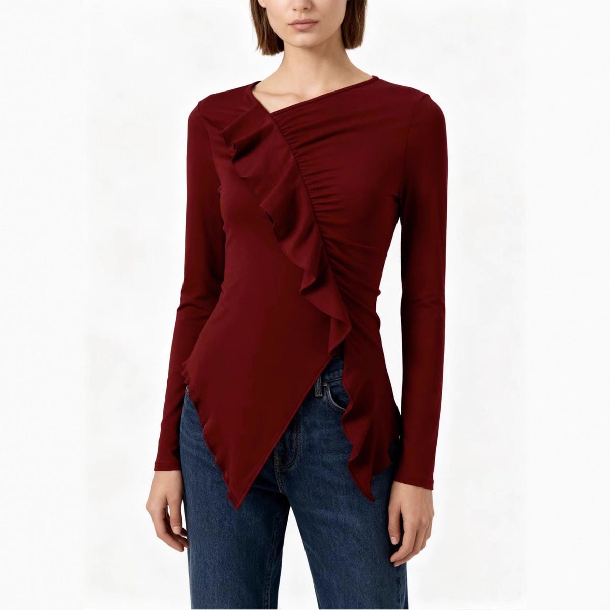 Pleated Ruffled Edge Square Neck Long Sleeve Base Shirt