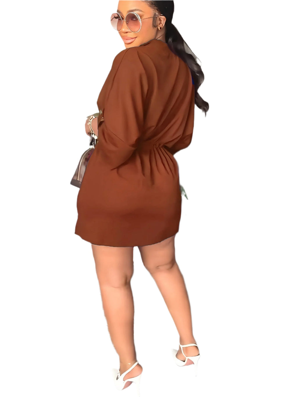 Casual Solid Drawstring Waist V Neck Rollable Sleeve Dress, Women's Clothing
