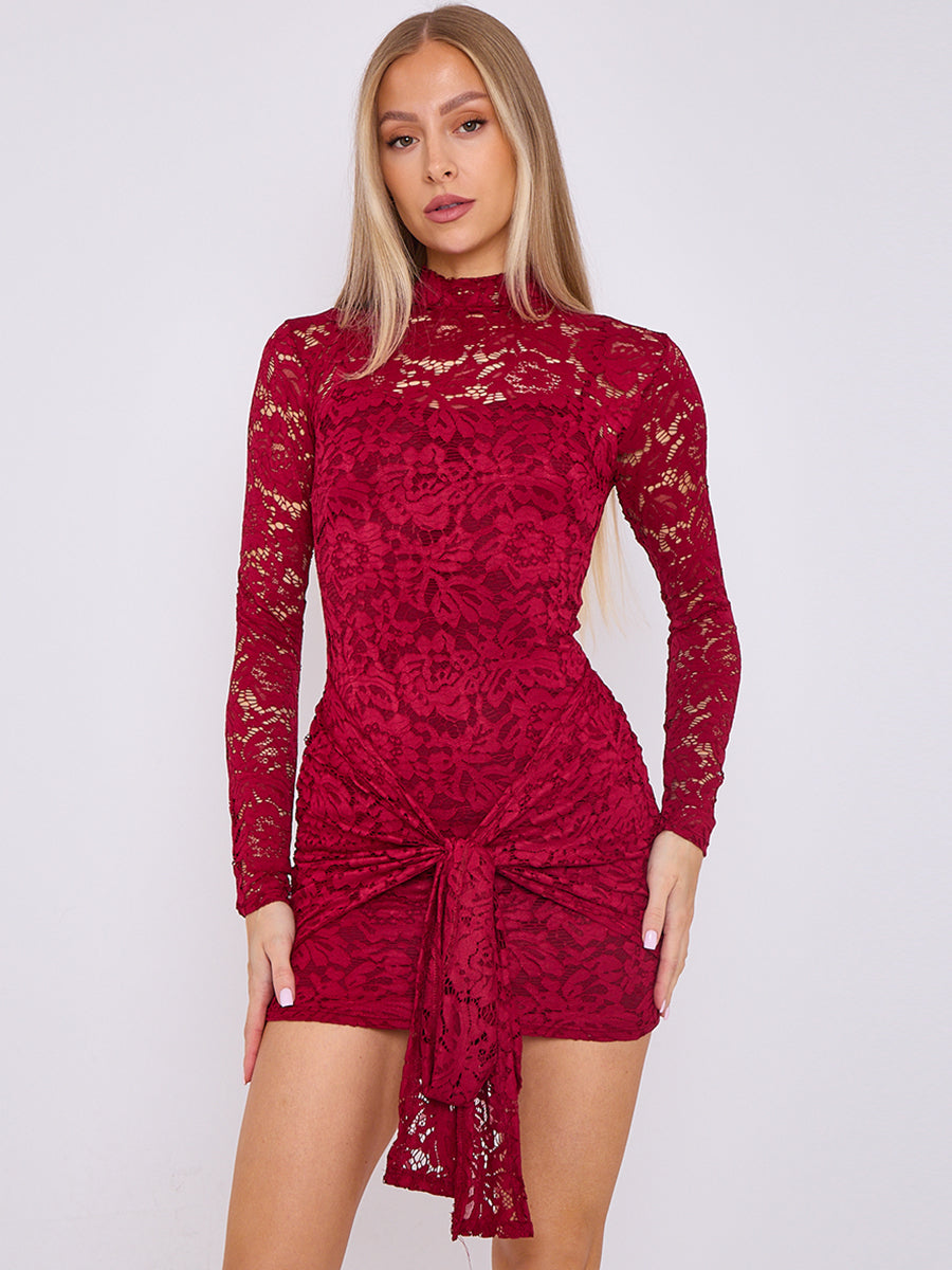 Lace Detail High Neck Knot Detail Dress