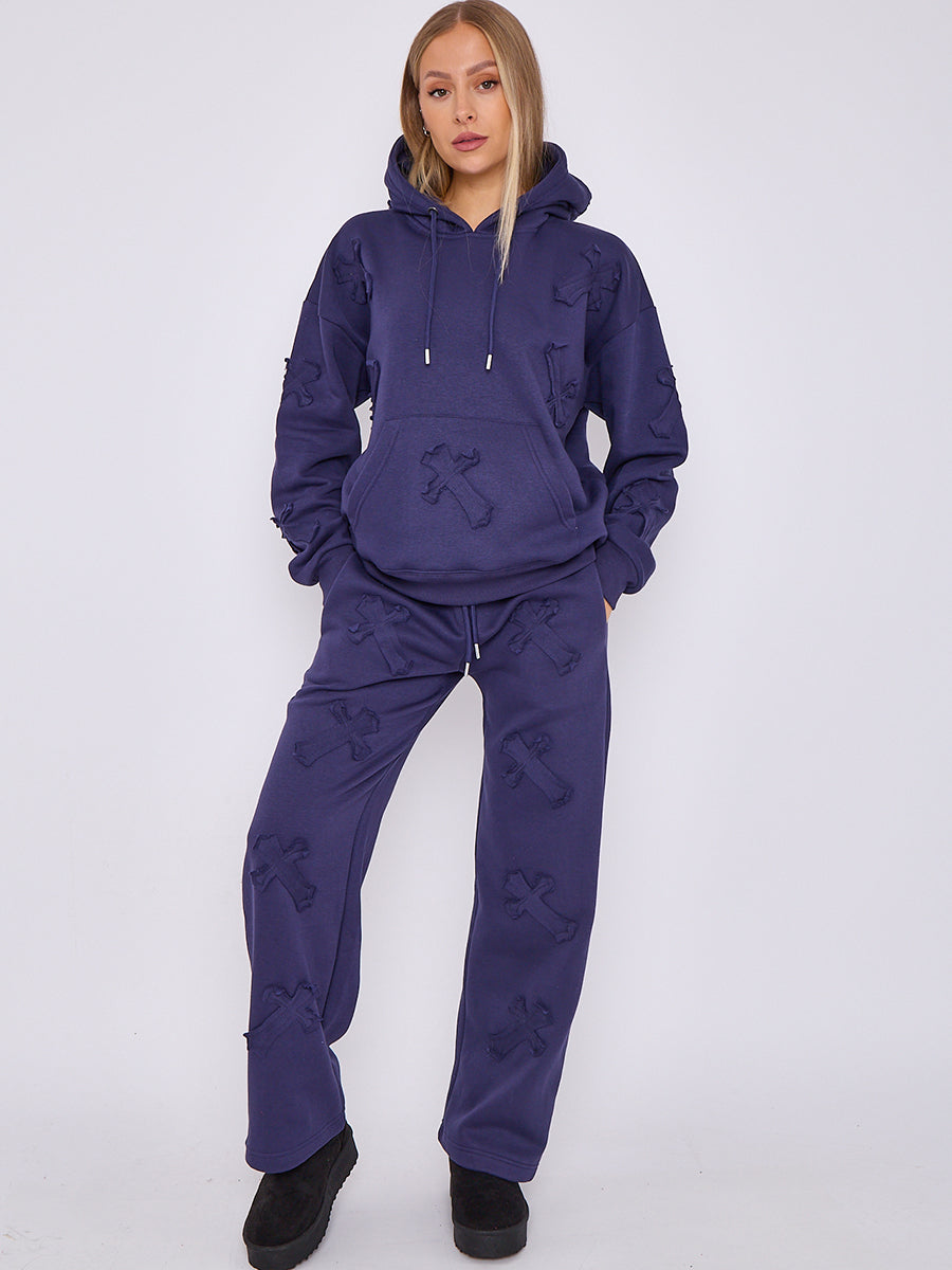 Oversized Crucifix Embroidered Hooded Fleece Co-ord