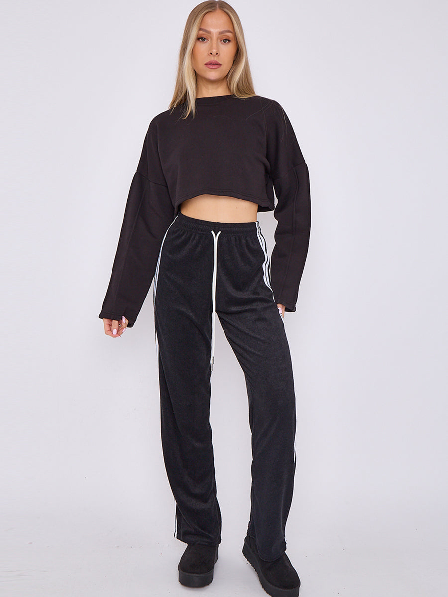 Towelling Wide Leg Trouser With Stripe Detail