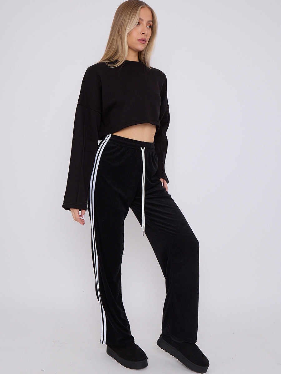 Towelling Wide Leg Trouser With Stripe Detail