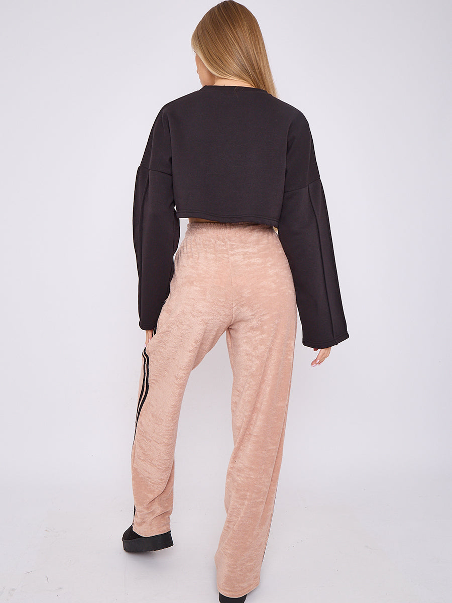 Towelling Wide Leg Trouser With Stripe Detail