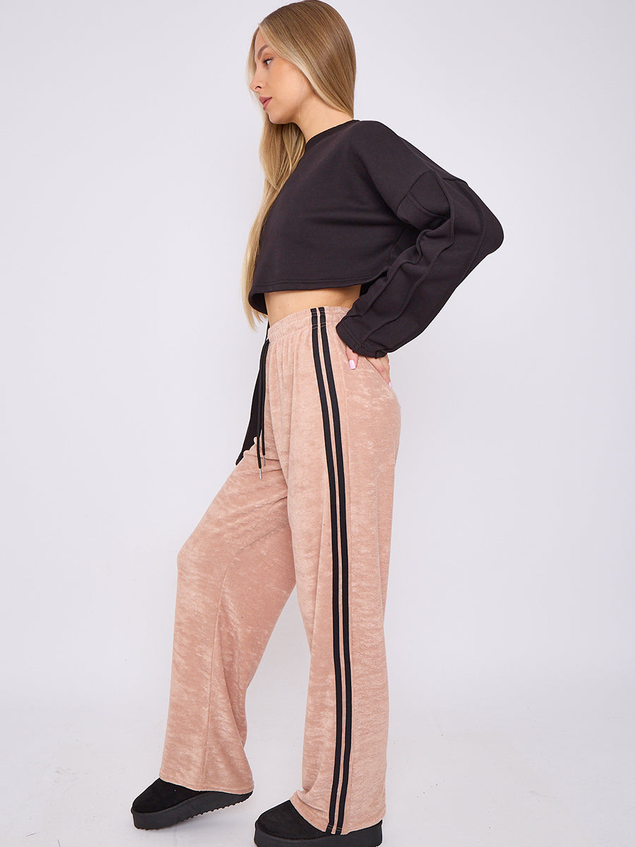 Towelling Wide Leg Trouser With Stripe Detail