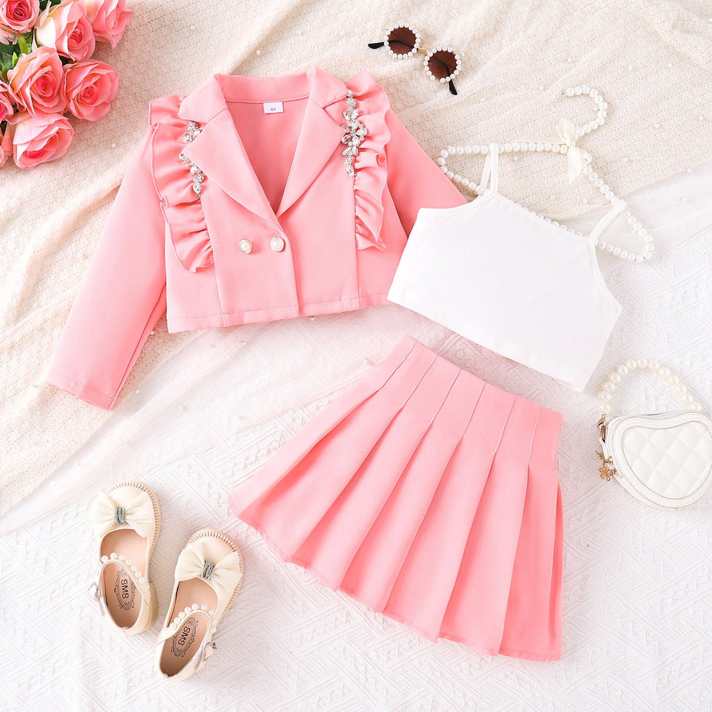 Strappy Tank Top Pleated Skirt Three-piece Set