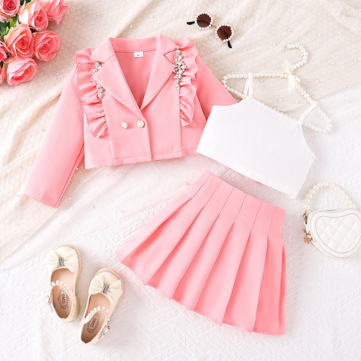 Strappy Tank Top Pleated Skirt Three-piece Set