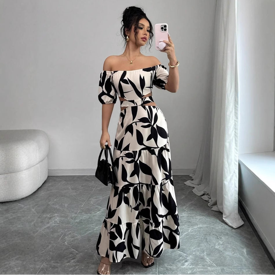 Off-shoulder Sexy Hollow-out Dress Printed Bodycon Dress That Flatters Your Figure And Shows Off Your Waist