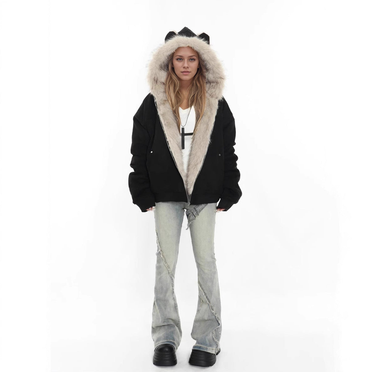 Winter Coat With A Fur Collar Made From Faux Suede For Warmth
