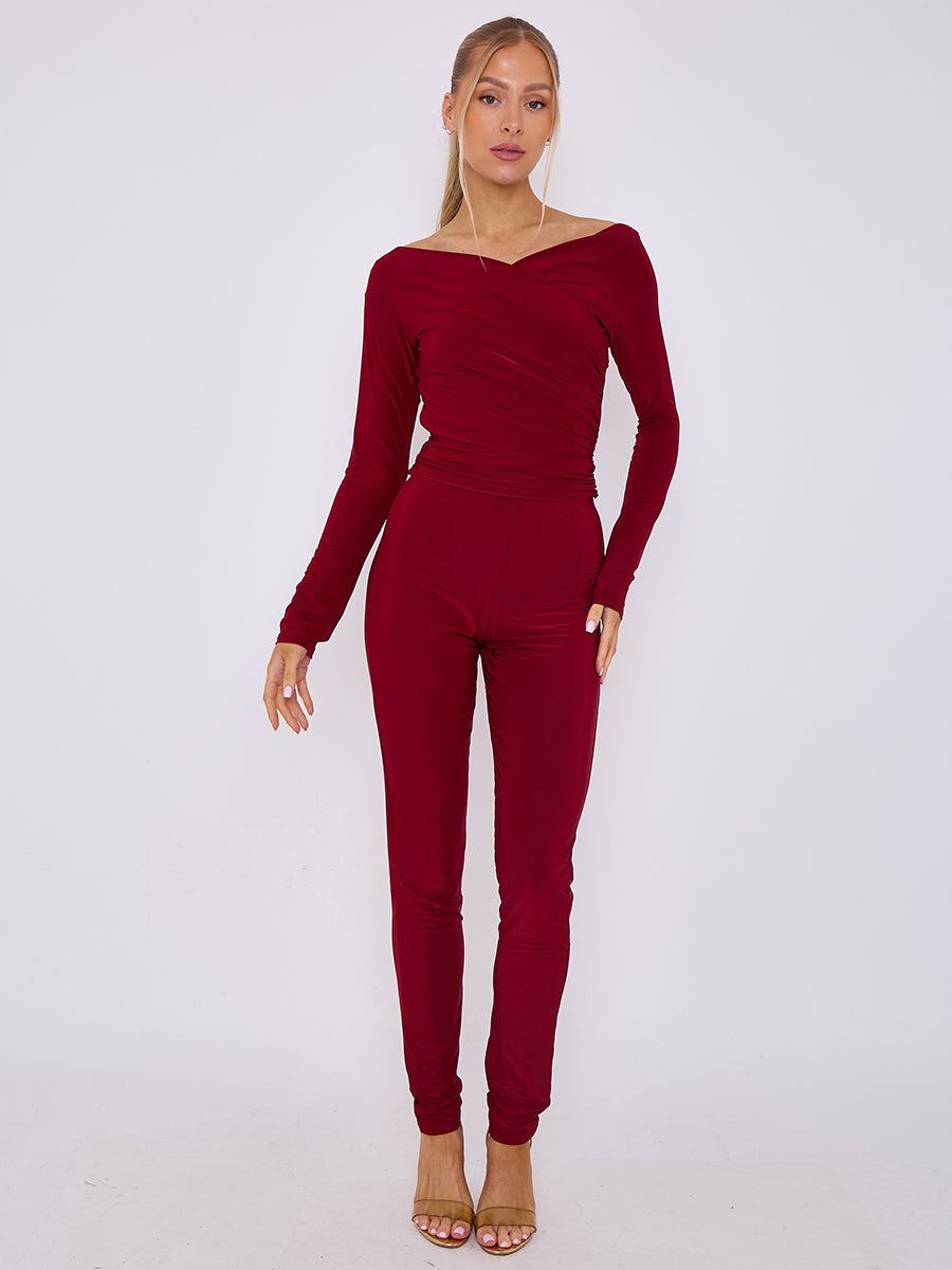 Plunge Wrap Detail Top And Leggings Slinky Co-Ord Set