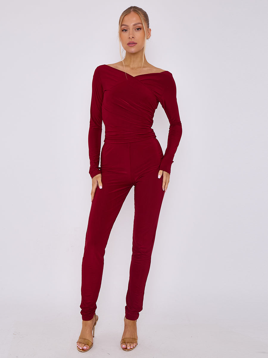 Plunge Wrap Detail Top And Leggings Slinky Co-Ord Set