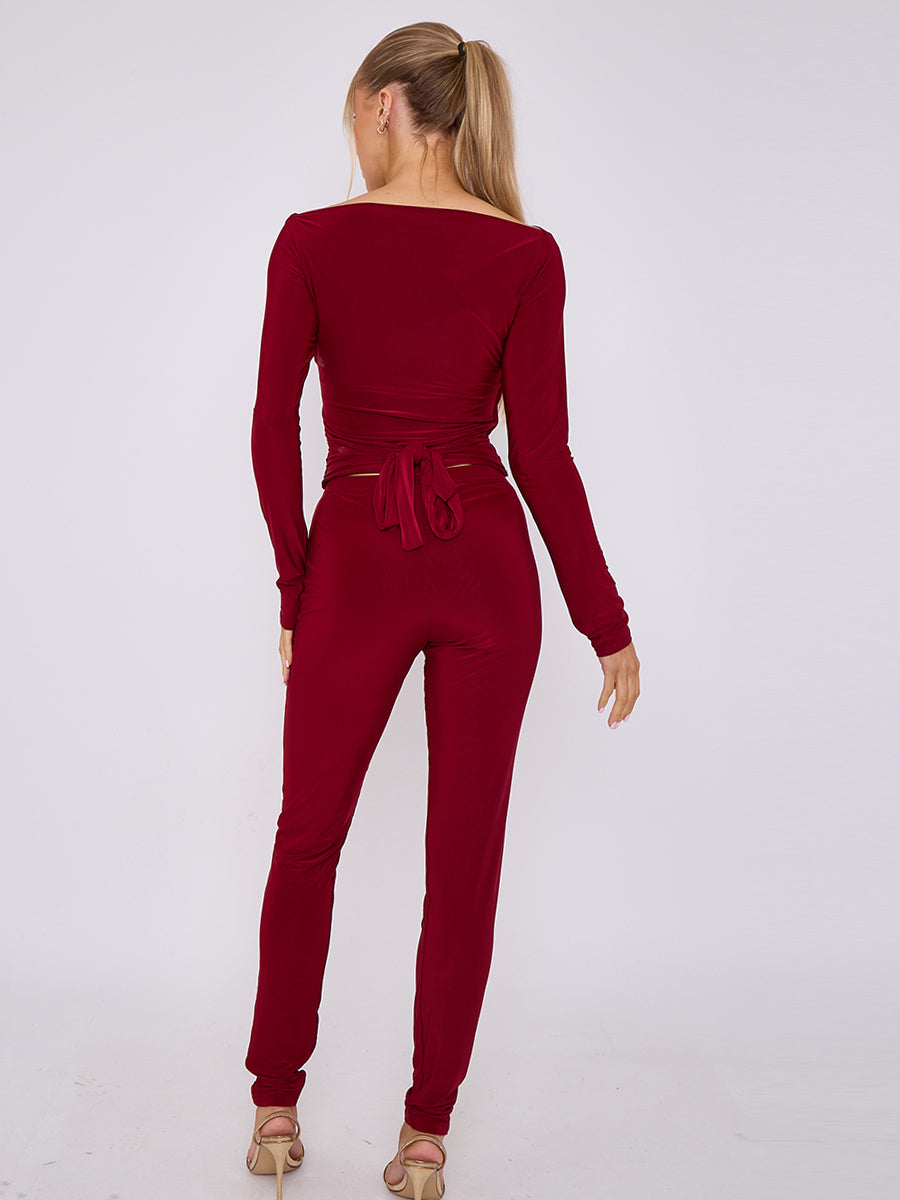 Plunge Wrap Detail Top And Leggings Slinky Co-Ord Set