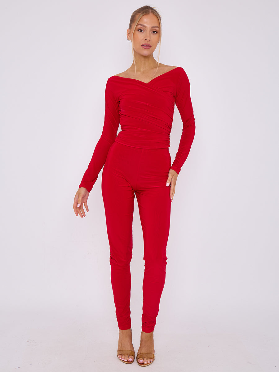 Plunge Wrap Detail Top And Leggings Slinky Co-Ord Set