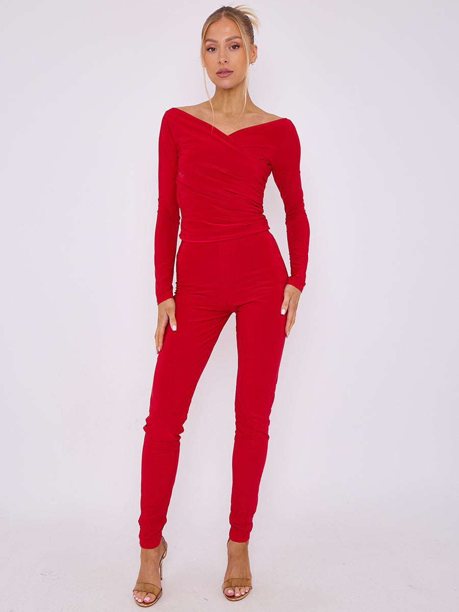 Plunge Wrap Detail Top And Leggings Slinky Co-Ord Set