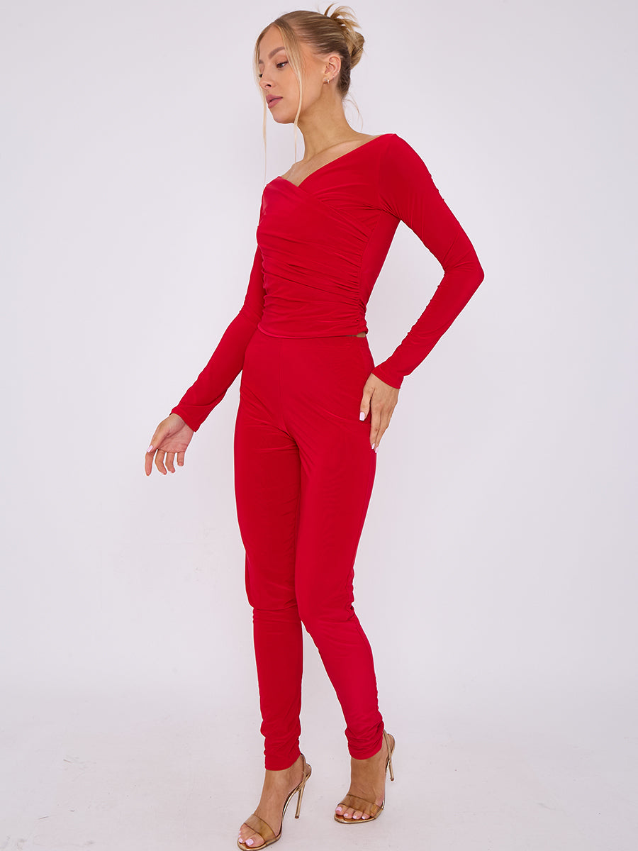 Plunge Wrap Detail Top And Leggings Slinky Co-Ord Set