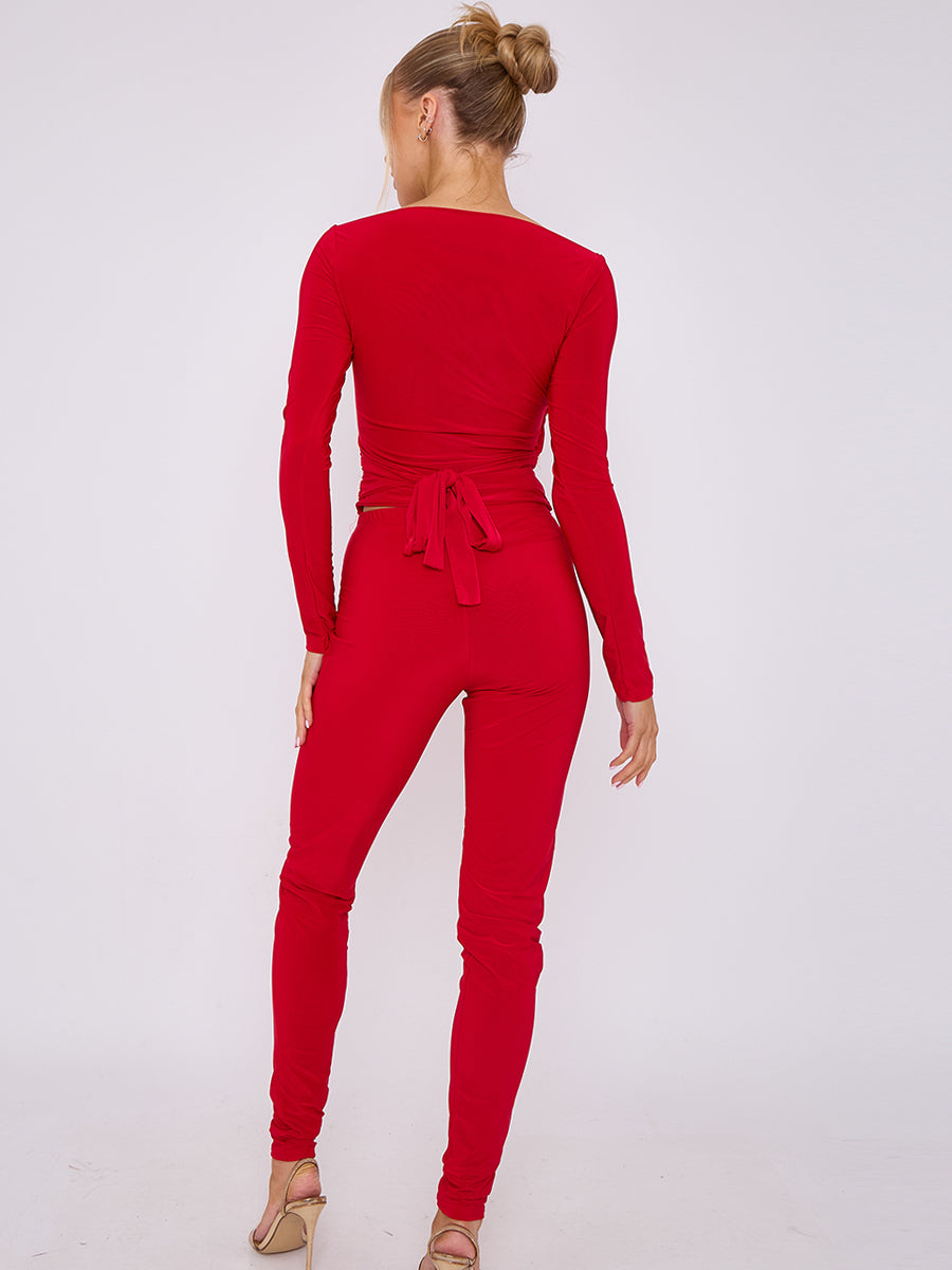Plunge Wrap Detail Top And Leggings Slinky Co-Ord Set