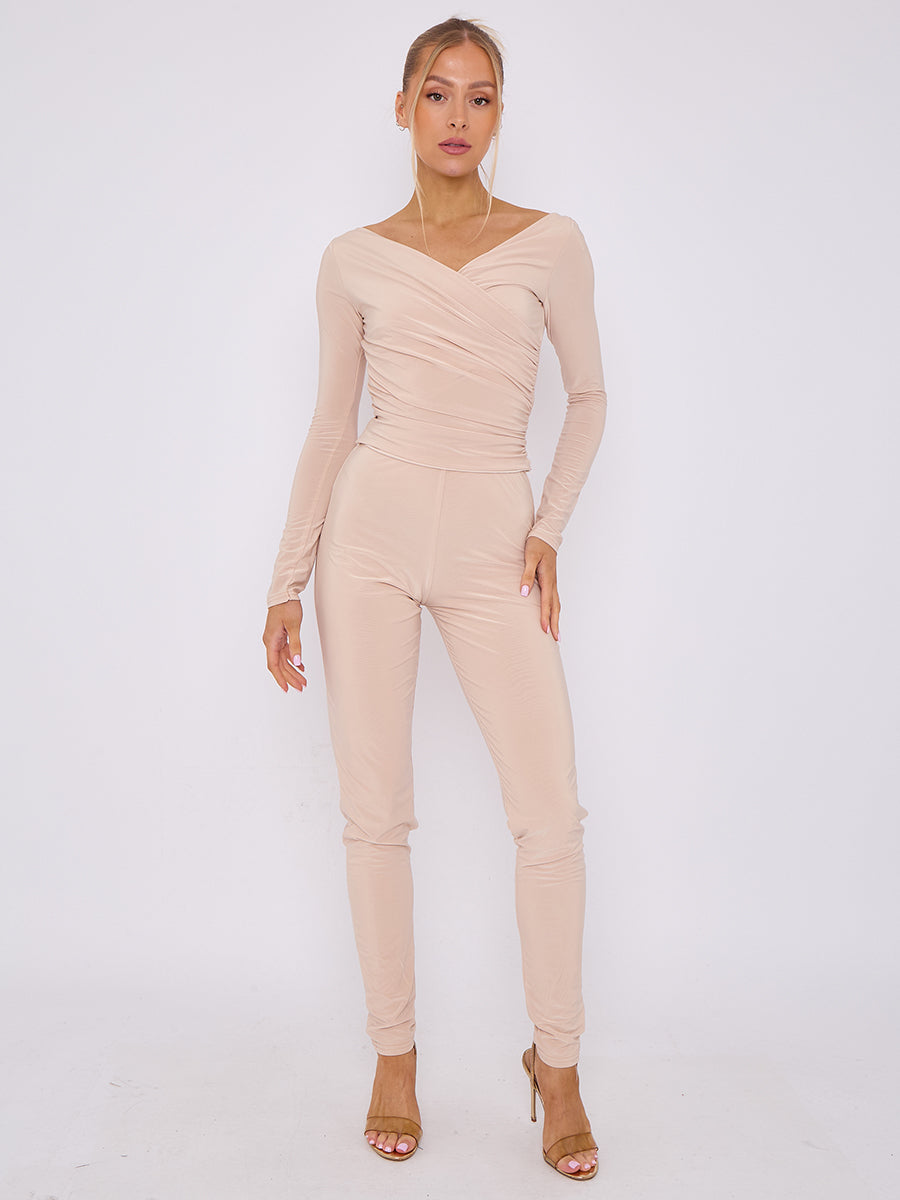 Plunge Wrap Detail Top And Leggings Slinky Co-Ord Set