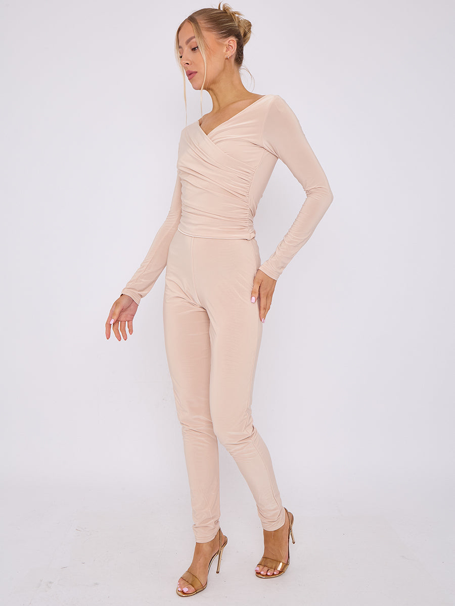 Plunge Wrap Detail Top And Leggings Slinky Co-Ord Set