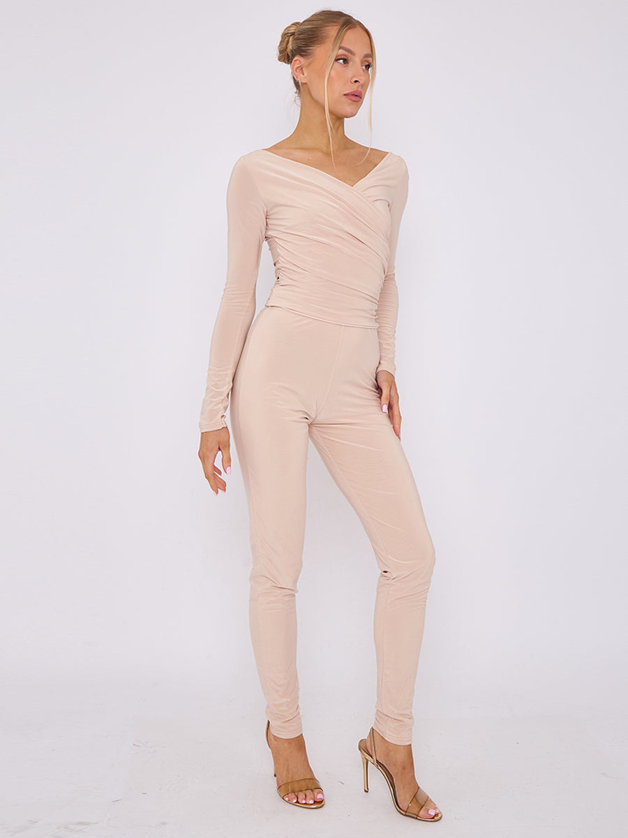 Plunge Wrap Detail Top And Leggings Slinky Co-Ord Set