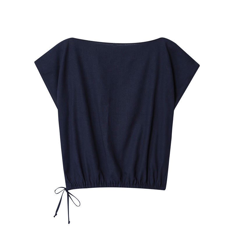 Foreign Trade Wholesale Off-neck Flounced Sleeve Linen Shirt Top Wide Leg Trousers