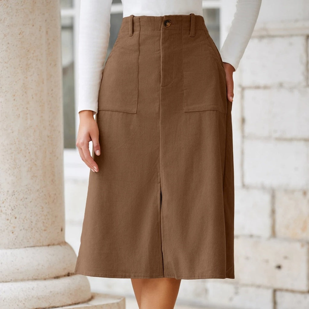 Women's Casual Black High-waisted Midi Skirt With Front Slit