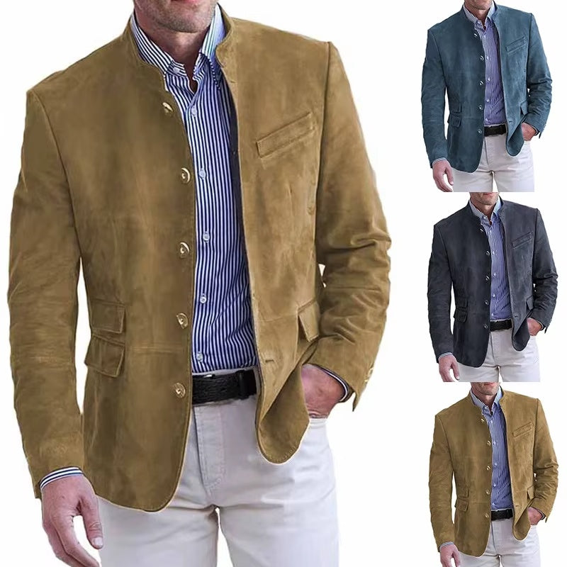 Men's Business Casual Suit Jacket Autumn Winter Fashion Commuter Daily Basic Blazer Solid Stand Collar Jacket Men's Clothing