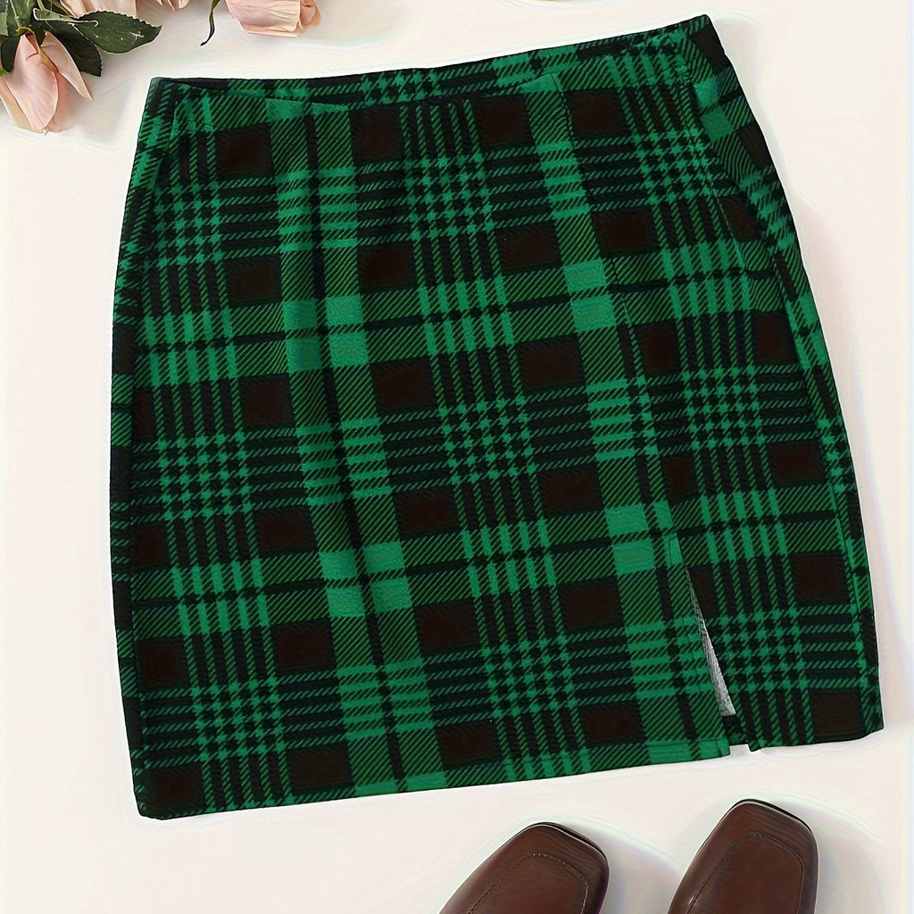 Plaid Print Split Skirt, Elegant Elastic Waist Slim Skirt For Summer, Women's Clothing