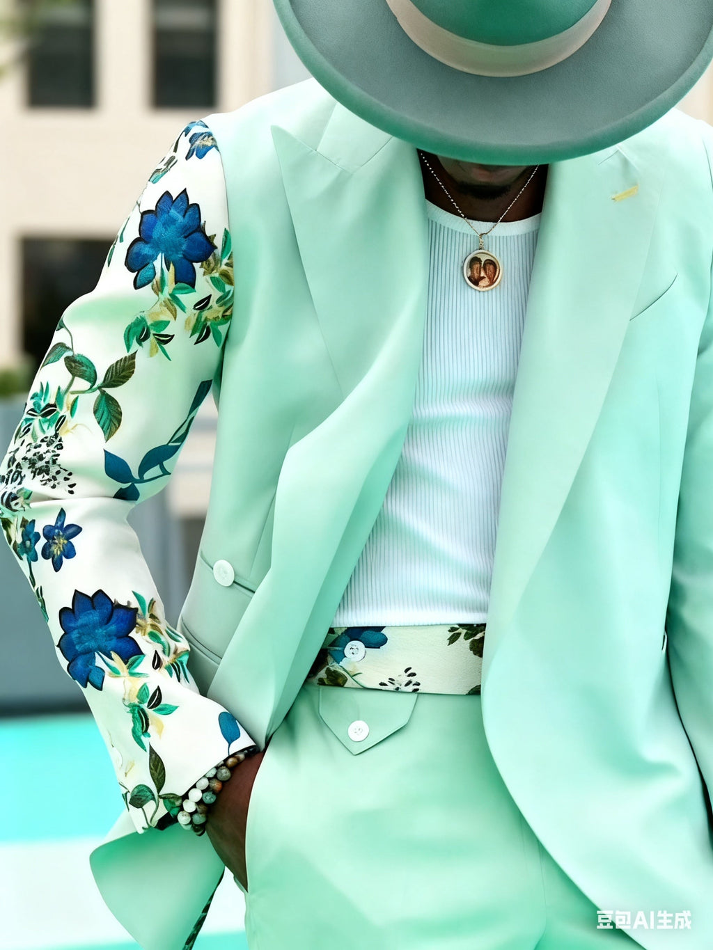 Mint Green Suit With Floral Print Sleeve And Double-Breasted Design