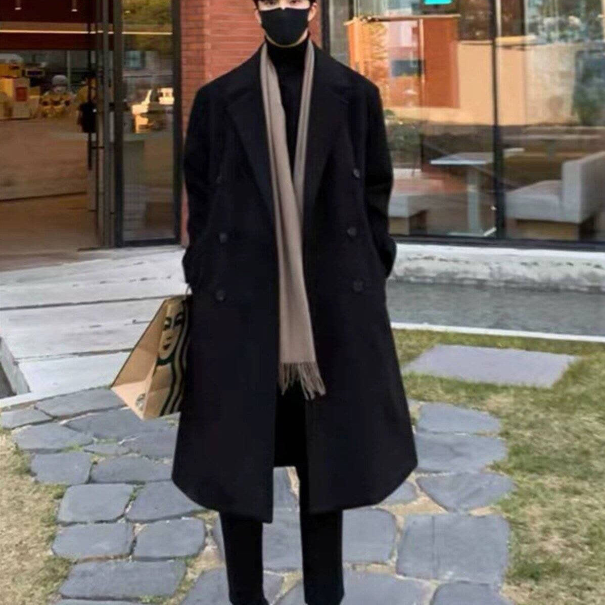 Winter Woolen Men's Mid-length Over-the-knee Suit Collar Double Breasted Woolen Trench Coat Thickened