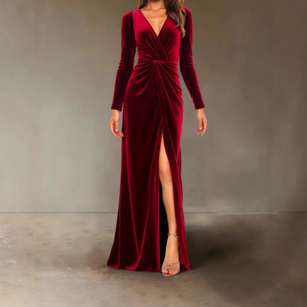 V Neck Pleated Sheath Dress With An Elegant Slit And A Figure Hugging Fit