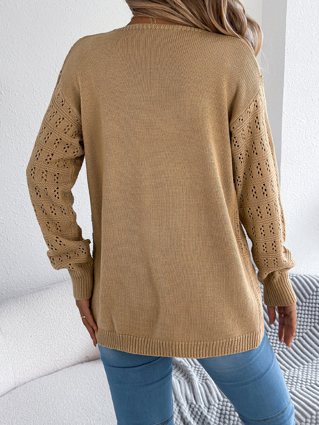 Women Solid Color Hollow Out Lantern Sleeve Long Sleeve Cardigan Sweater Coat