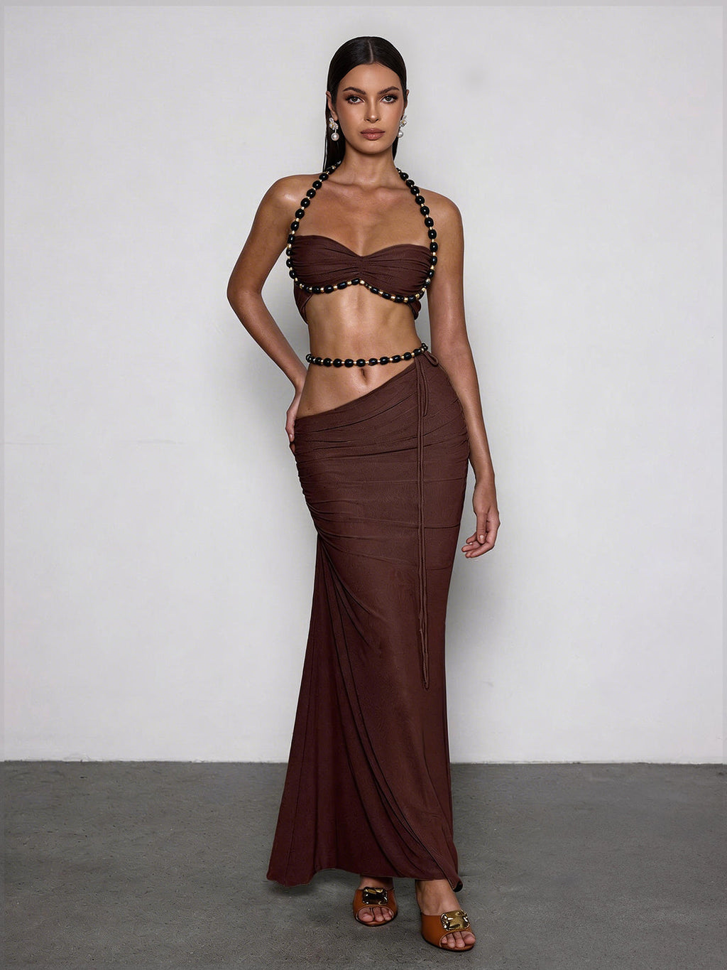 Eryna Halterneck Ruched Skirt Set In Coffee