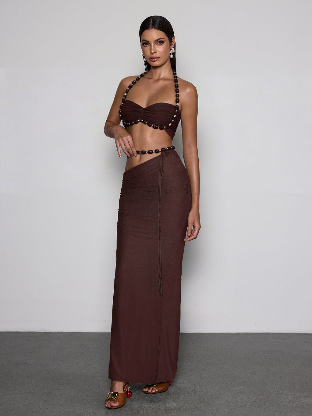 Eryna Halterneck Ruched Skirt Set In Coffee