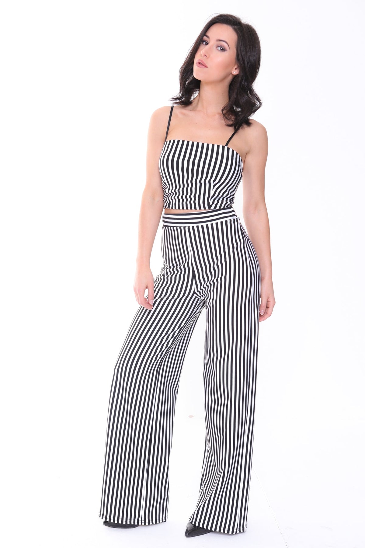 Black And White Stripe Crop Top And Trouser Co-ord