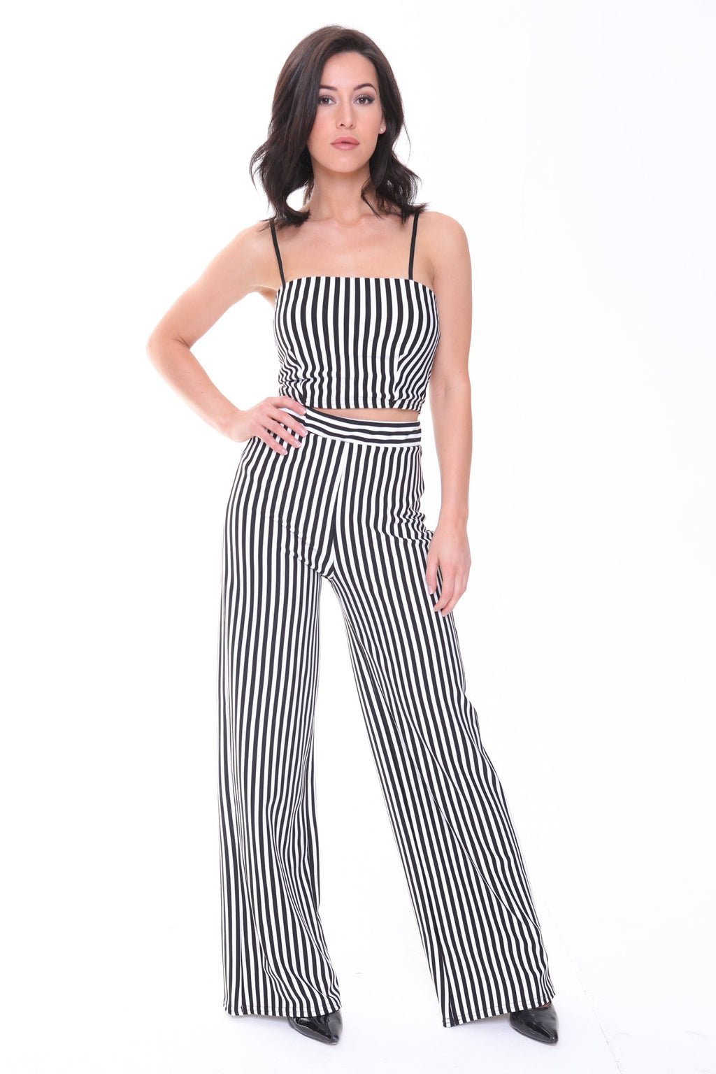 Black And White Stripe Crop Top And Trouser Co-ord