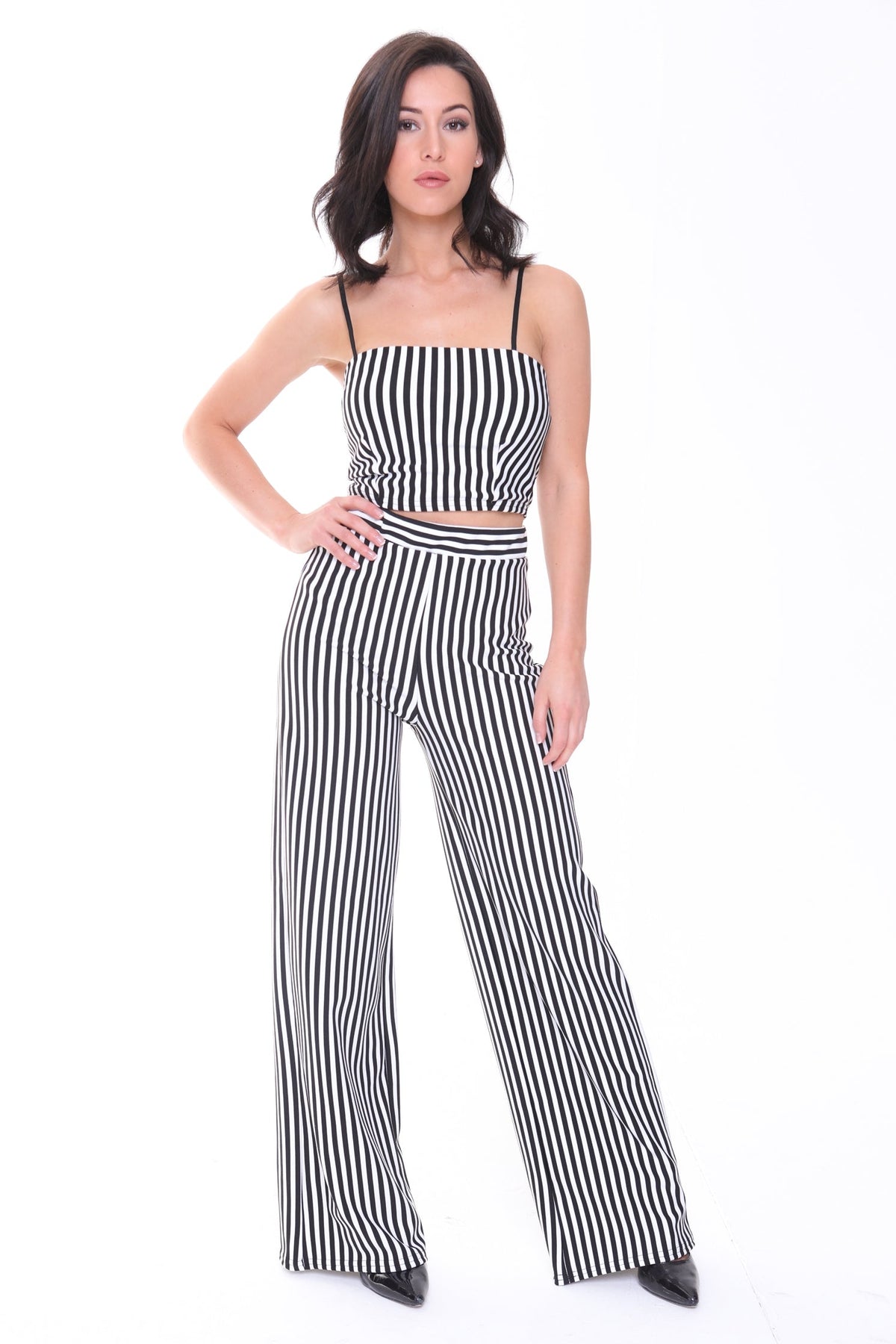 Black And White Stripe Crop Top And Trouser Co-ord