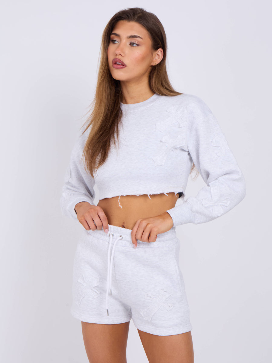 Cross Patch Cropped Sweatshirt & Shorts Fleece Co-ord